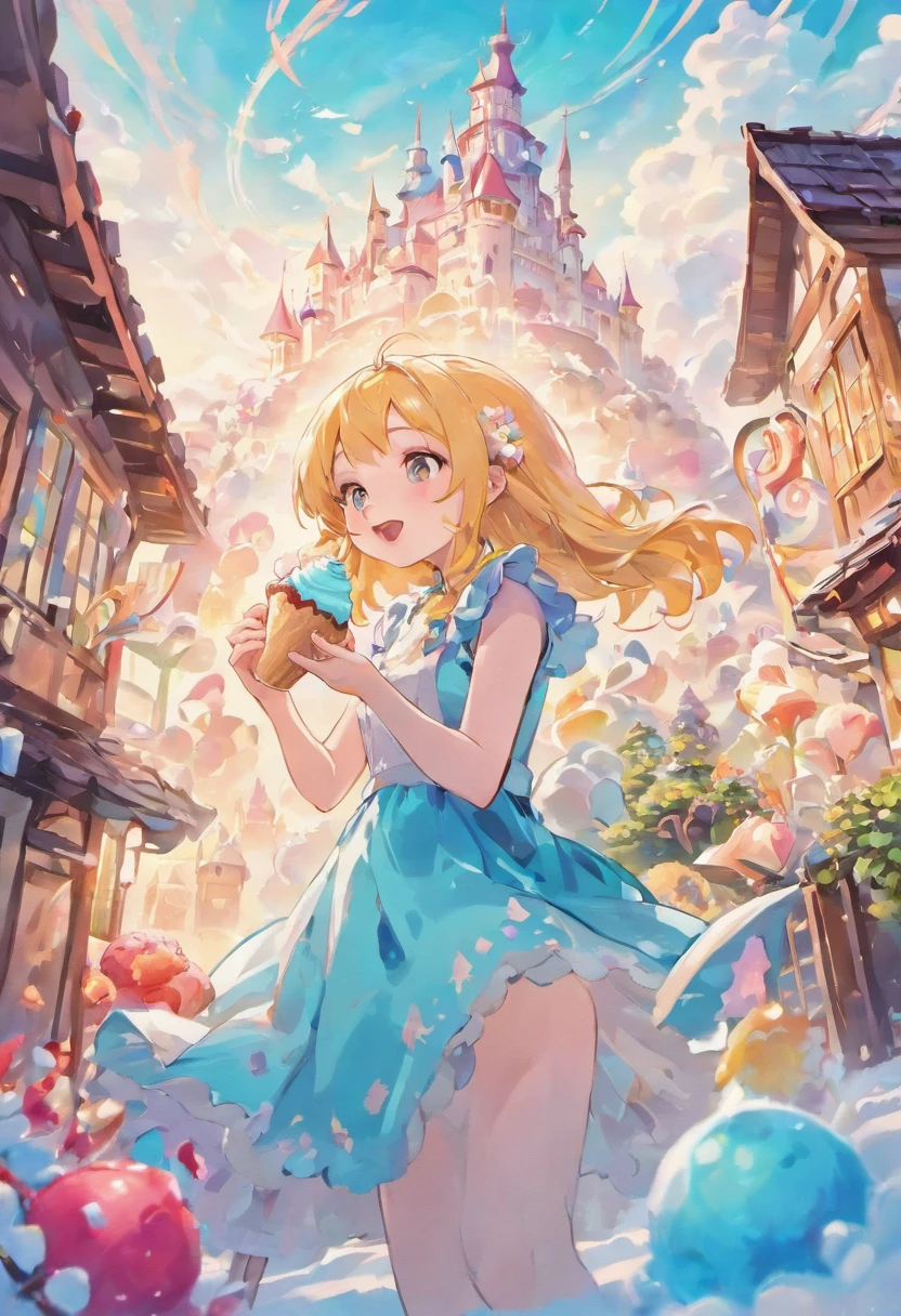 Illustration of a woman eating a house made of ice cream in a magical world. hyper sharp image, ultra detailed, 

The setting of the illustration is a magical world. It is a beautiful world where magical cloud-shaped clouds float in the sky and colorful flowers and plants bloom.
The main character of the illustration is a young woman. She has her long blonde hair flowing and is wearing a blue dress.
A woman is eating a house made of ice cream. The houses are made of different flavors such as chocolate, vanilla, and strawberry.
The woman is smiling happily while eating home. She is having a dream-like time in a magical world.
The background includes elements that create a fantastical atmosphere typical of a magical world.
Magical creatures such as animals and fairies appear around the woman to create an even more fun atmosphere.
