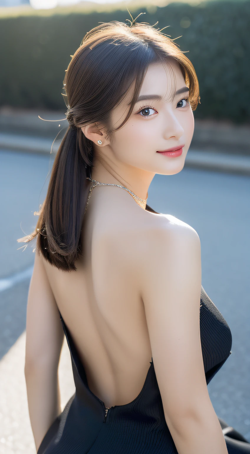 (((８Very high resolution in K, high detailing, highly accurate, masutepiece,１girl with))),Photography & realistic atmosphere,shinny skin,Beautiful skin,fine-grained white skin,Open the black short dress to widen the back