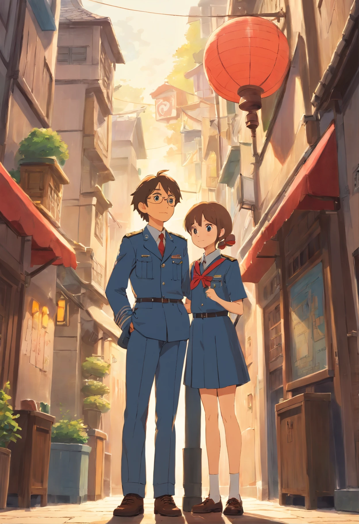Tall boy and simple cute girl standing with uniform