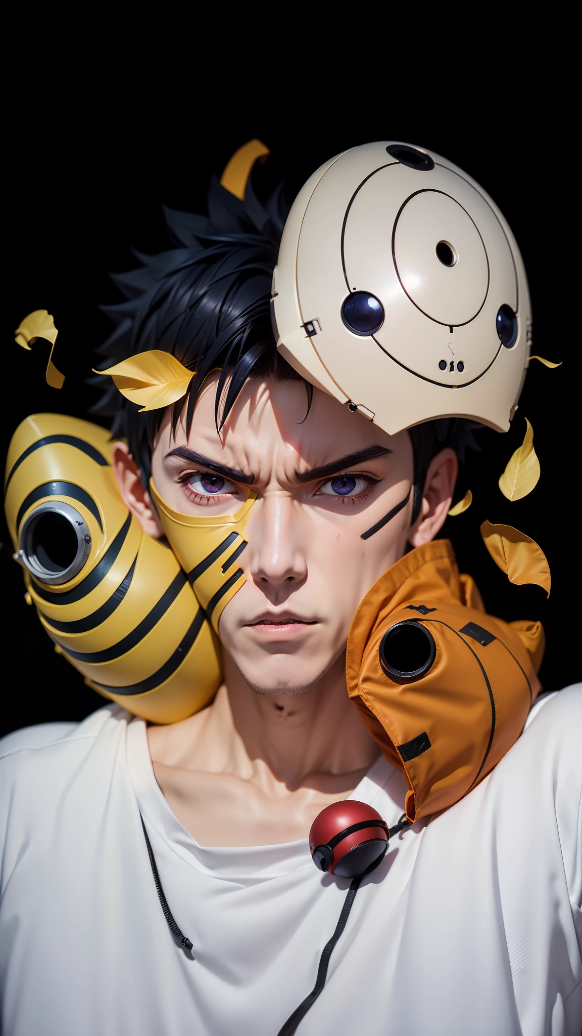 ((8k resolution)) ((Character anime)), 1 boys, 20y.o Uciha Obito, Akatsuki, sharingan eye, rinengan eye, yelow mask Obito, orange mask Obito, white mask Obito, blackhair, fantasy, Realistic, Ultra detail