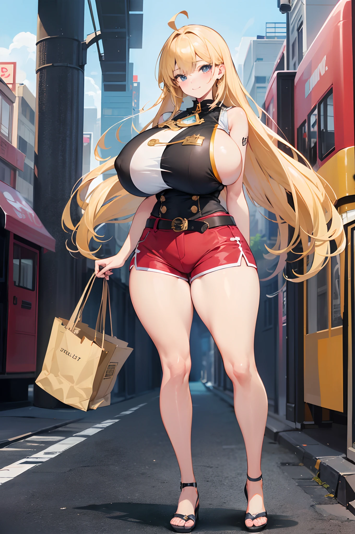 ((top-quality))、((Finely detailed))、((Anime – Style image of a woman in red shorts and a black sleeveless shirt))、((Full body standing))、((A smile))、((独奏))、(17 age)、(a blond)、(Long hair)、Long body、Ahoge、((huge-breasted:1.6))、((tights))、((beauty legs))、Sexy positions、Sexy face、thick thight、the eyes are blue、big butts:1.6、I love you、a belt、((Futuristic urban outdoor))