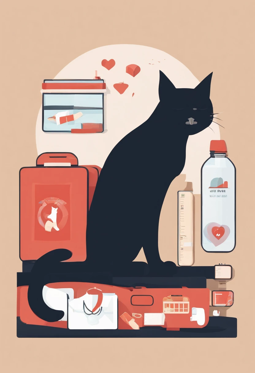 Cat carries a first aid kit in its mouth minimalist