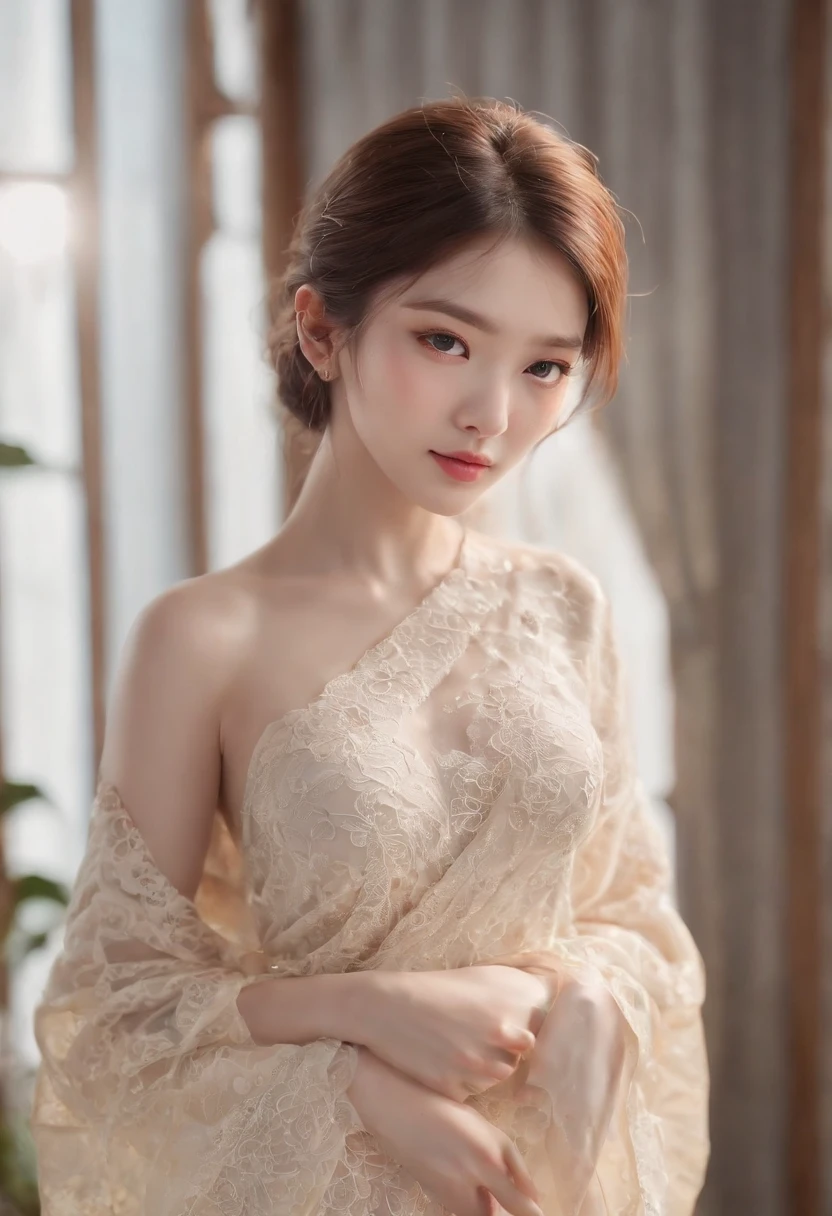 (((Super beautiful chinese girl))),, ((Super delicate perfect eyes,)), ((Cute pose)),, ((Raised sexy)), (( Skinny mesh shirt)), ((Delicate short brown hair,)), ((Delicate skin)), Best quality, high qulity, k hd, Extremely detailed, 8k wall section, 8K  UHD, Full-HD, (photo realist:1.2),  strong illumination, Light cinematic