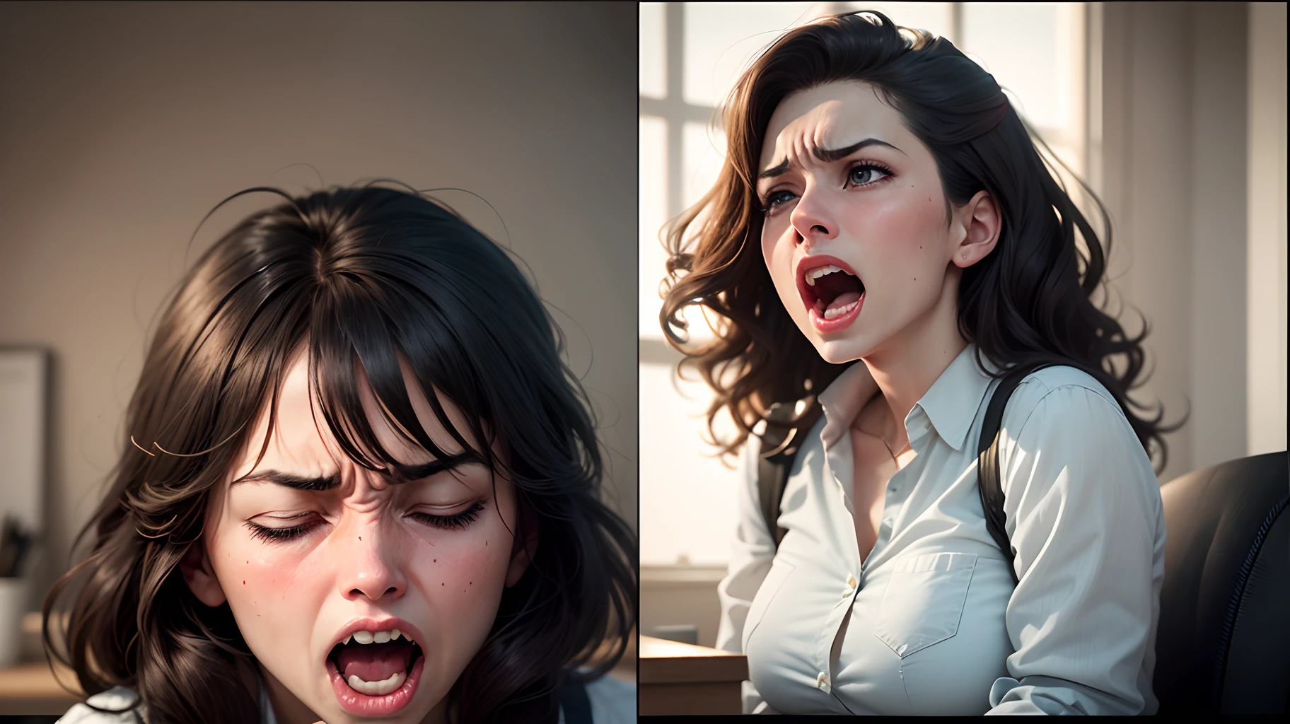 create an image of a woman screaming "NO" at a man. The man is sad and with his mouth closed. Ultra realistic. Colorful. In an office. No face and body deformations. --auto --s2