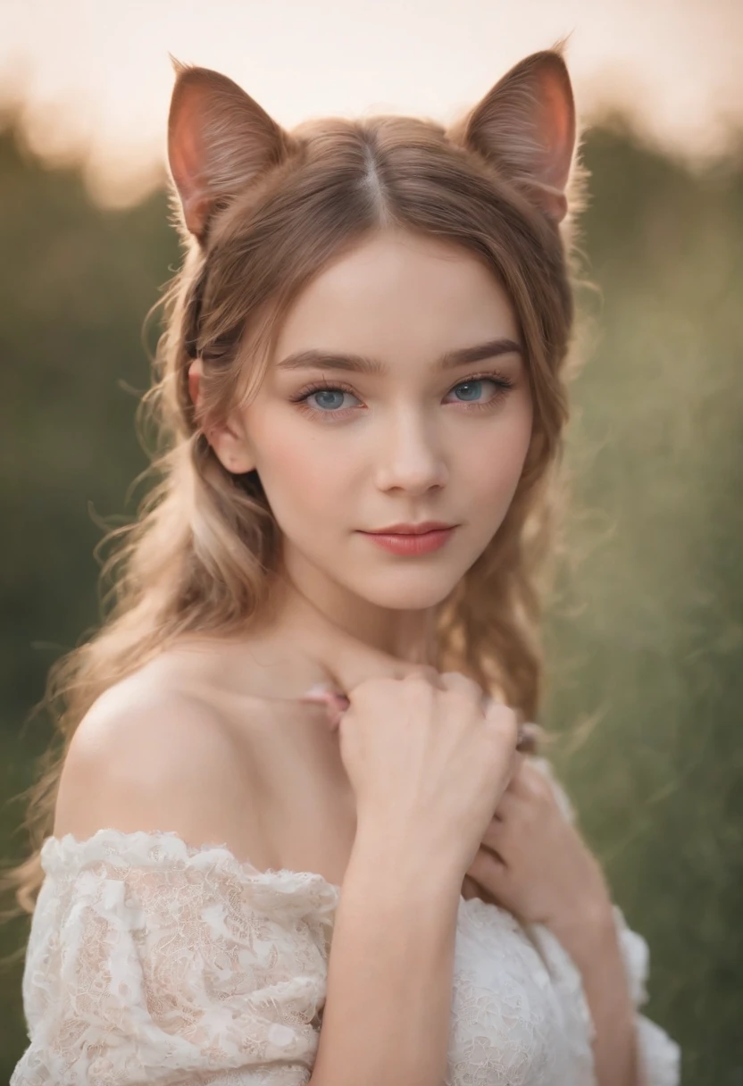 女の子1人, 21 Jahre alt, zierlich, upper body, dunkelblonde Haare, cat-ears, 2 Braids, riesige blaue Augen, kuscheltier im Arm, niedlich, happy, pinkes Schafzimmer als Hintergrund