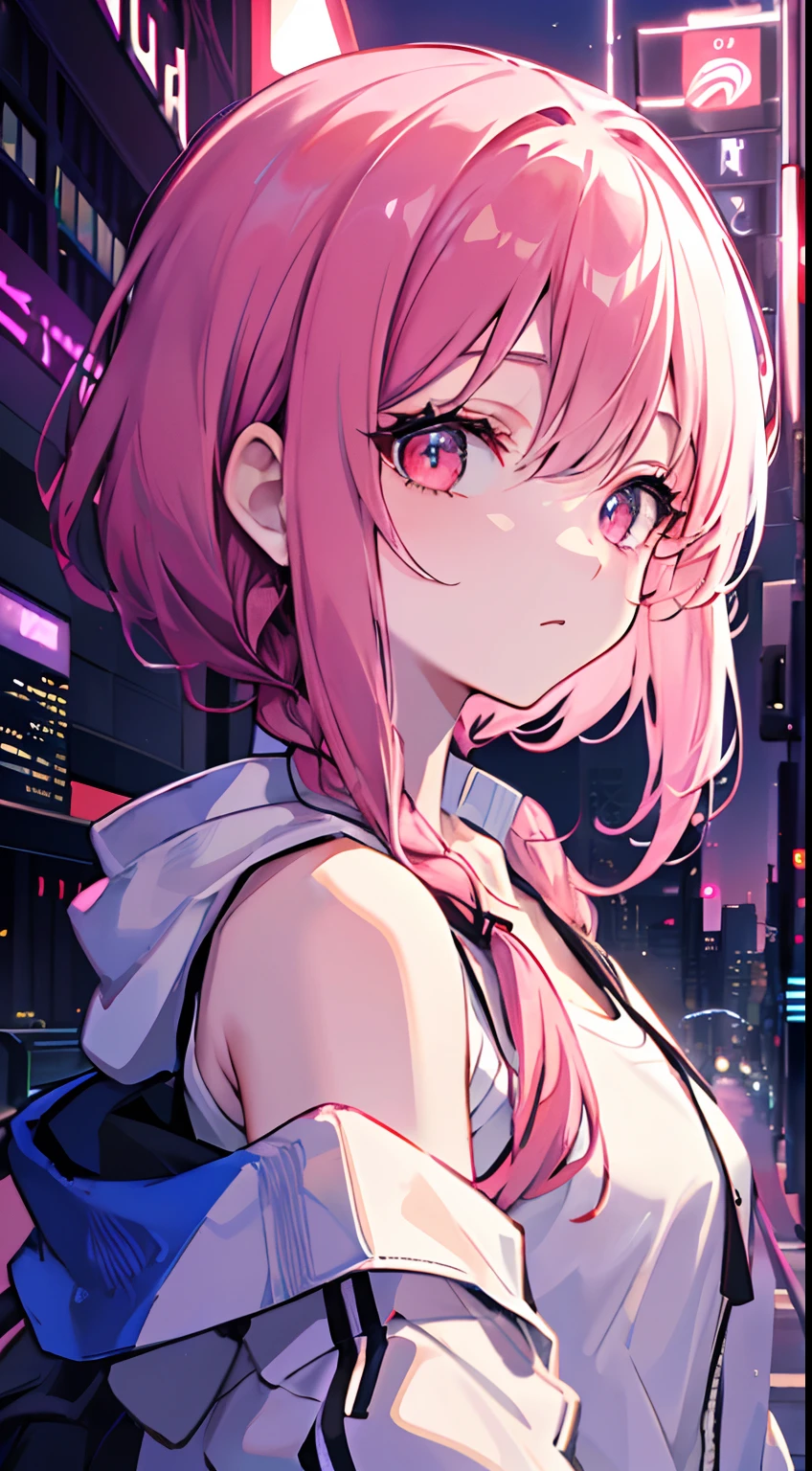 1girl, solo, li, pee, (very_long_pink_hair), braids, (red_eyes), medium_breasts, (white_shirt:1.5), (windbreaker), (off_shoulder:1.2), (portrait), glowing_eyes, background_light, (cityscape:1.5), (neon_lights:1.2), (science), cyberpunk, ((masterpiece)), (highres), (best_quality), (highly_detailed), (original),(Delicate background),(extremely detailed 8K wallpaper),cinematic lighting, volume lighting, light particles, shaded_face, beautiful_detailed_eyes, depth_of_field, perspective,