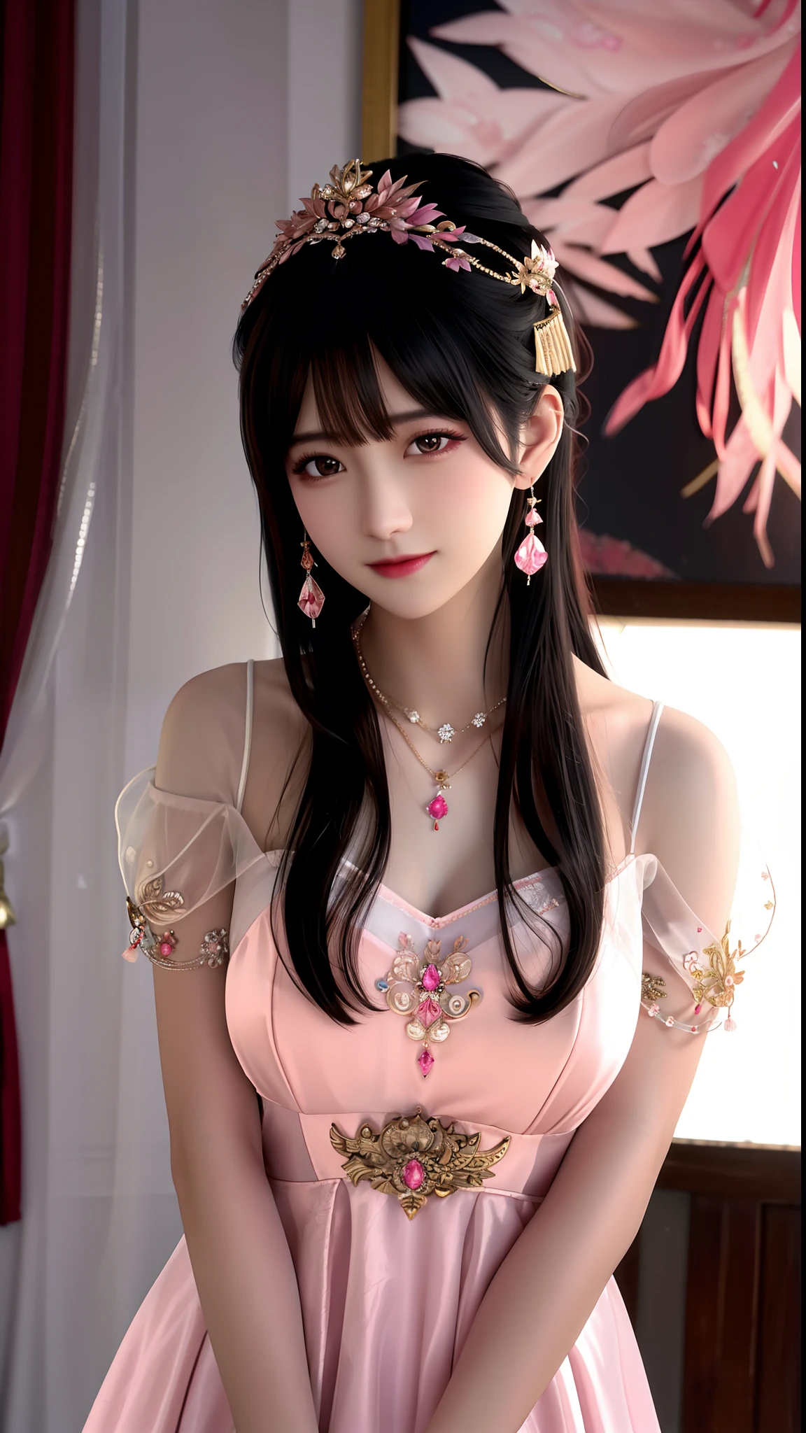 best quality, masterpiece, highres, 1girl, china wedding dress, pink dress highlight, hair ornament, necklace, jewelry, Beautiful face,upon body, tyndall effect, photorealistic, dark studio, rim lighting, two tone lighting, (high detailed skin:1.2), 8k uhd, dslr, soft lighting, high quality, volumetric lighting, candid, Photograph, high resolution,
