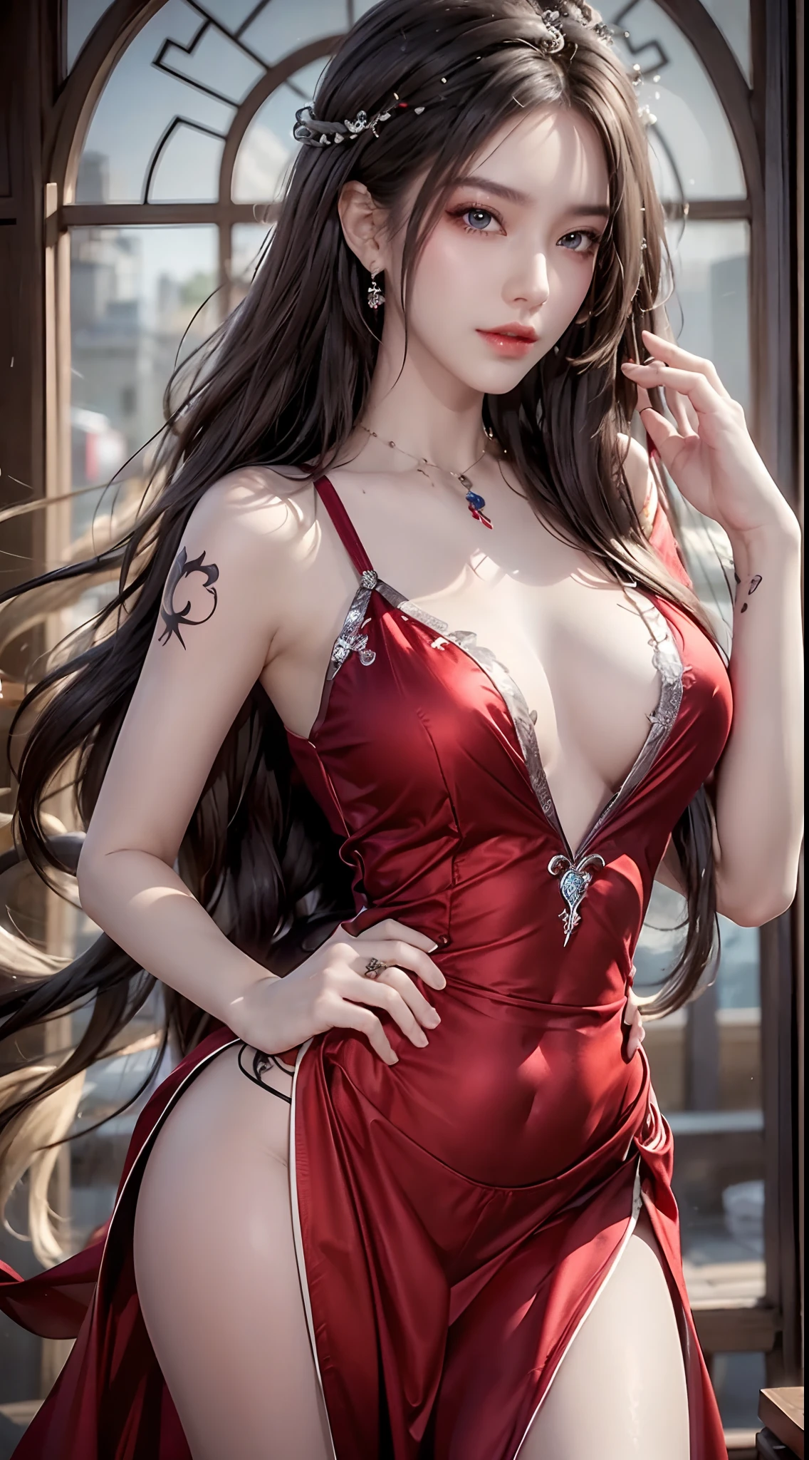 Photorealistic, high resolution, 1 woman, Hips up, Beautiful eyes, Long hair, ringed eyes, jewelry, tattoo, red wedding dress, red dress