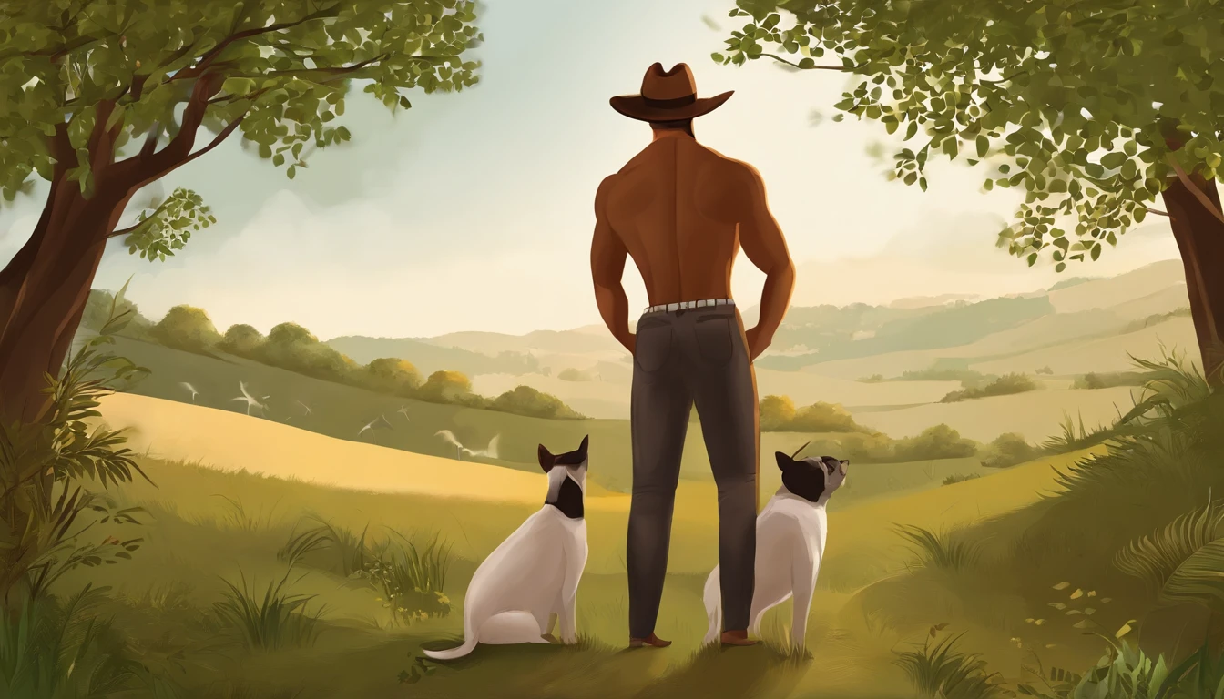 Create an illustration, de um casal jovem, gay, dois homens, sentados, de costas, dois rapazes, na grama, campo, 插圖, ilustrado, dois rapazes sentados na grama, animification, casal gay, realist