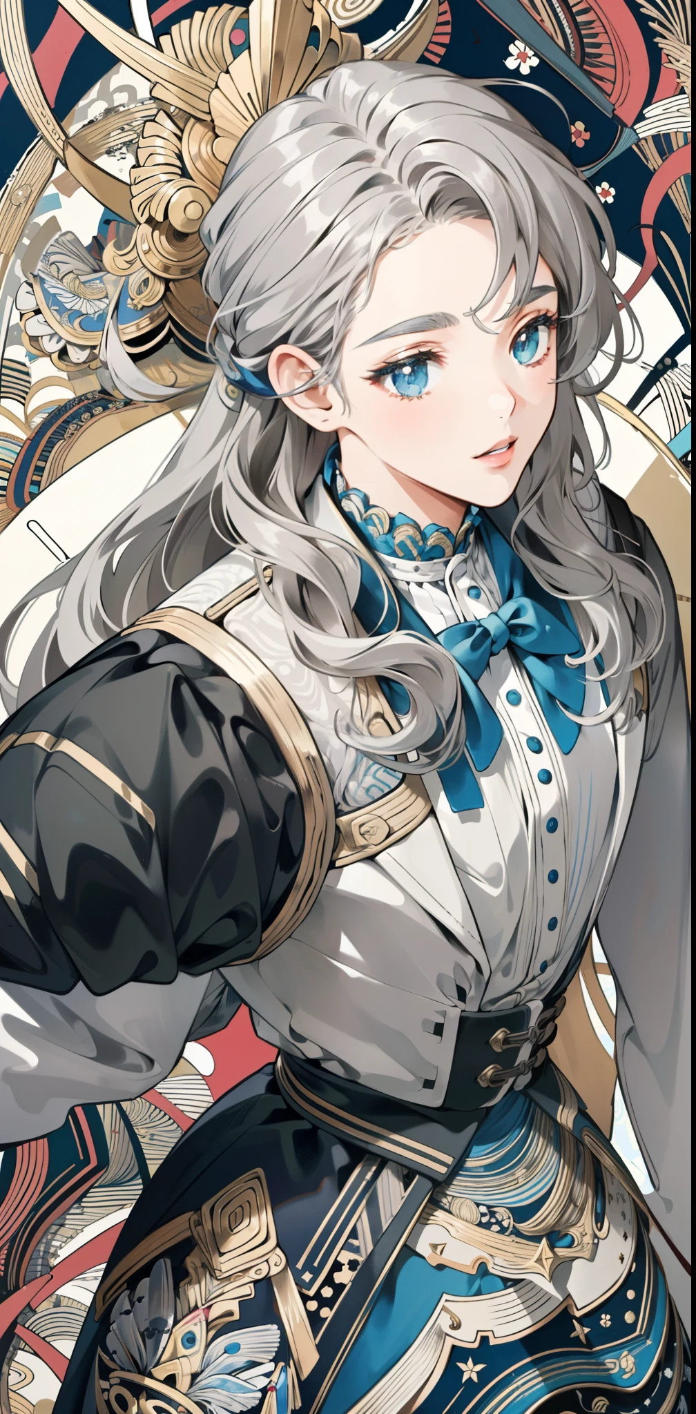 ((masterpiece:1.2, best quality)), ultra detailed, Ultra-precise depiction, Ultra-detailed depiction, (zentangle:1.2), (dynamic pose), (abstract background:1.5), wavy long hair, Gray hair with elegant white highlights, 1girl, colorful, victorian portrait, (from above:1.2)