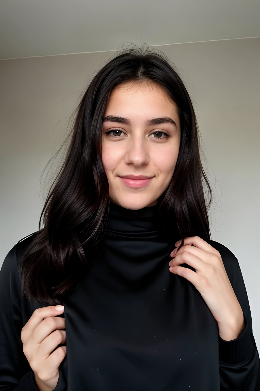 Instagram-Foto, Nahaufnahme Gesicht Foto von 23 Y.o Chloe im en Pullover, Spaltung, blasse Haut, (smil:0.4), Harte Schatten, best quality, Meisterwerk, ultra-high resolution, (fotorealistisch:1.4), RAW-Foto, 1girls, ((schwarzthemd aus Spitze)), ((large chest)), Kaltes Licht
