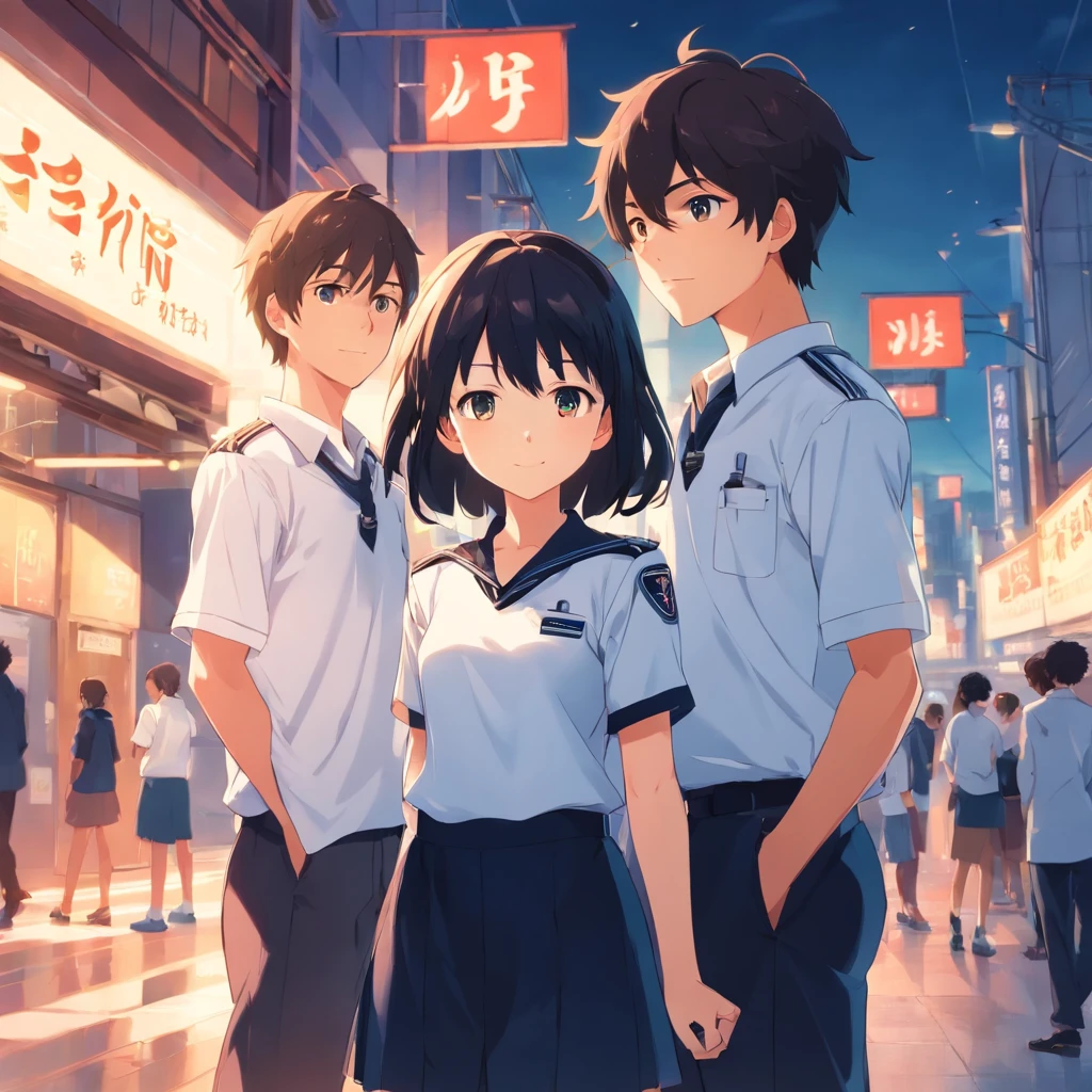 Cute boy and cute girl couple standing together wearing white and black uniform