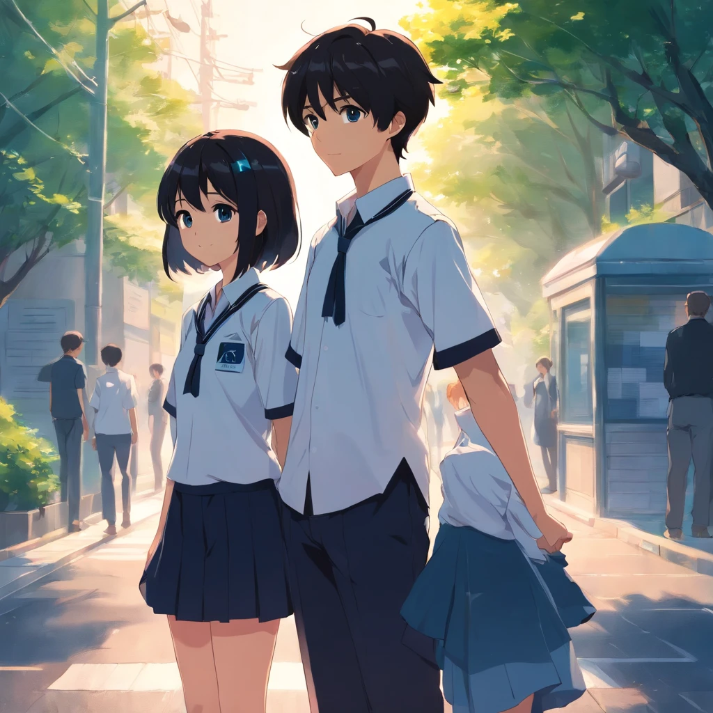 Cute boy and cute girl couple standing together wearing white and black uniform
