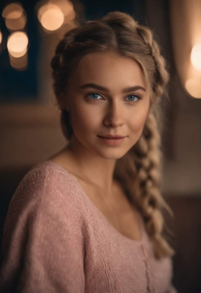 女の子1人, 21 Jahre alt, zierlich, upper body, dunkelblonde Haare, 2 Braids, riesige blaue Augen, kuscheltier im Arm, niedlich, happy, pinkes Schafzimmer als Hintergrund