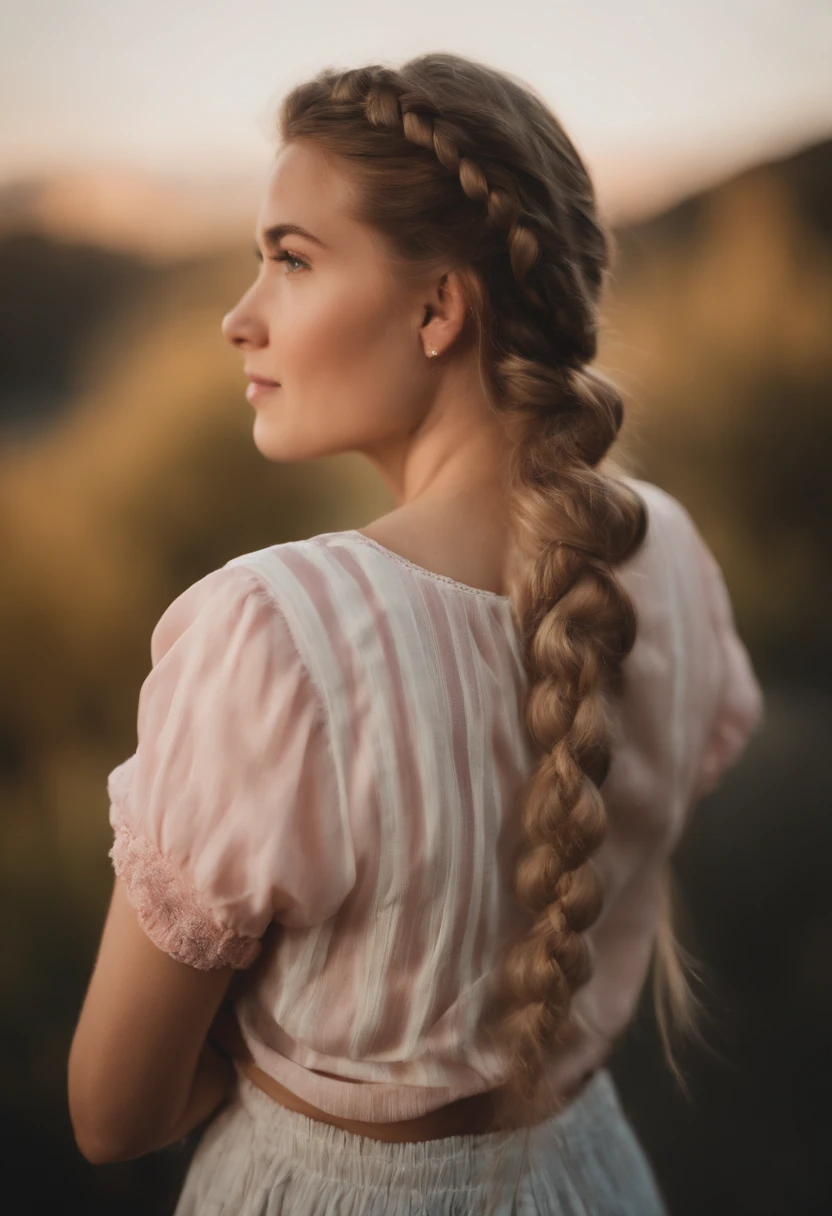 1人, 21 Jahre alt, zierlich, upper body, dunkelblonde Haare, 2 Braids, riesige blaue Augen, kuscheltier im Arm, niedlich, happy, pinkes Schafzimmer als Hintergrund