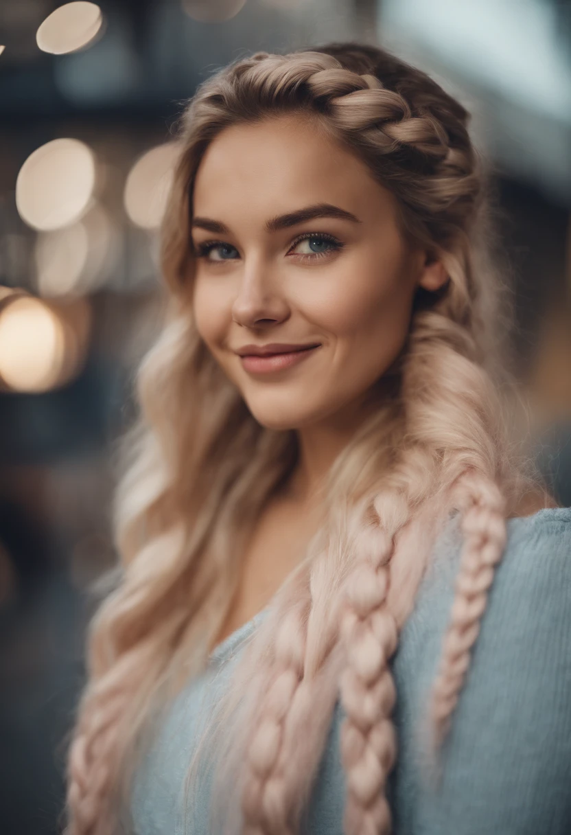 1人, 21 Jahre alt, zierlich, upper body, dunkelblonde Haare, 2 Braids, riesige blaue Augen, kuscheltier im Arm, niedlich, happy, pinkes Schafzimmer als Hintergrund