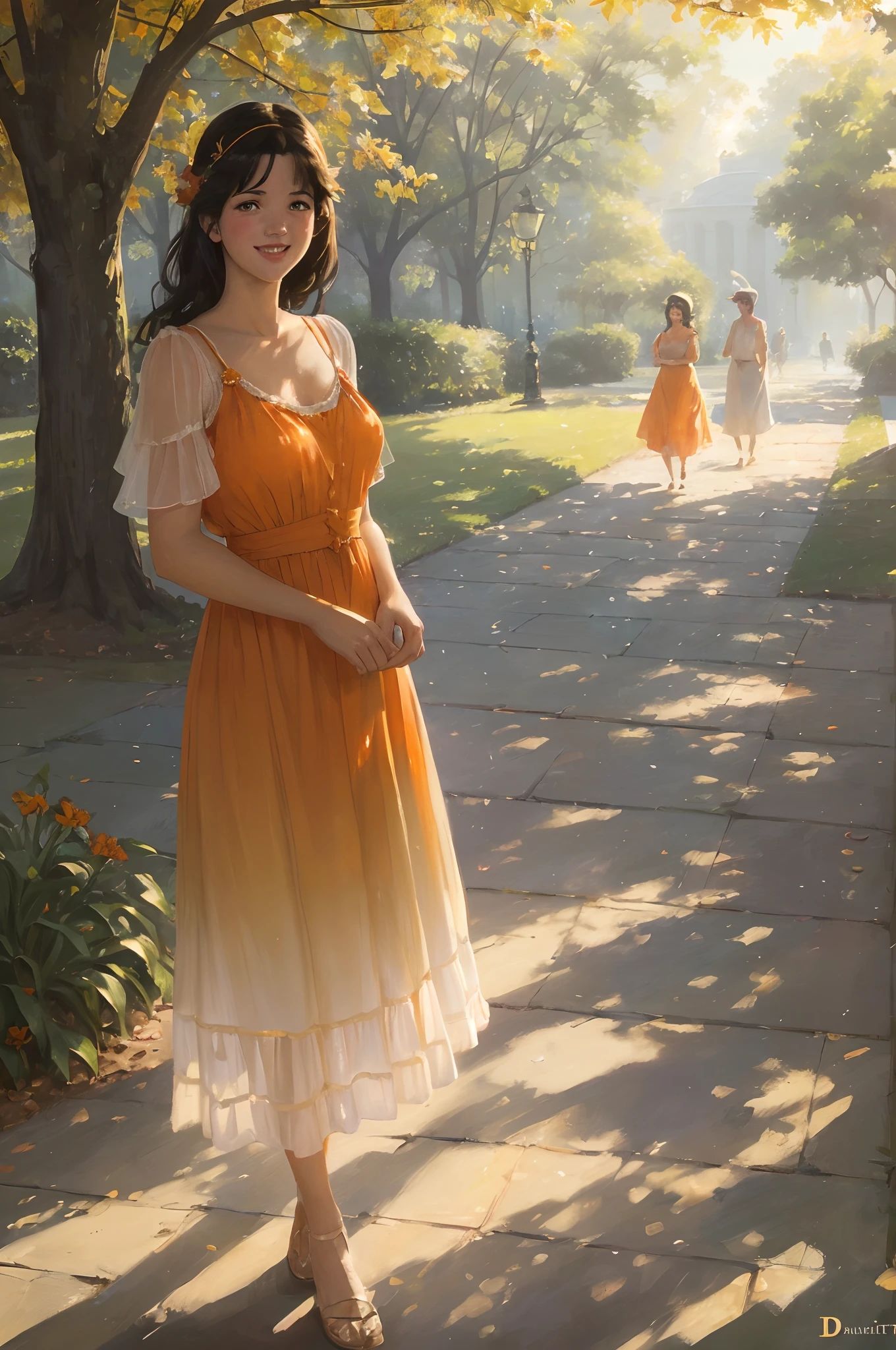 ((beste-Qualit, tmasterpiece)),((young Phoebe Cates)), summer light orange dress, 1913 year, romance, Emotional smile, in park, ((Стиль Daniel-F-Gerhartz)), (gradient light chigraine brush), Detailed Illustration, grotesque, Complicated details, chilling, (aesthetics), excitement, Hyper-realistic, insanely detailed