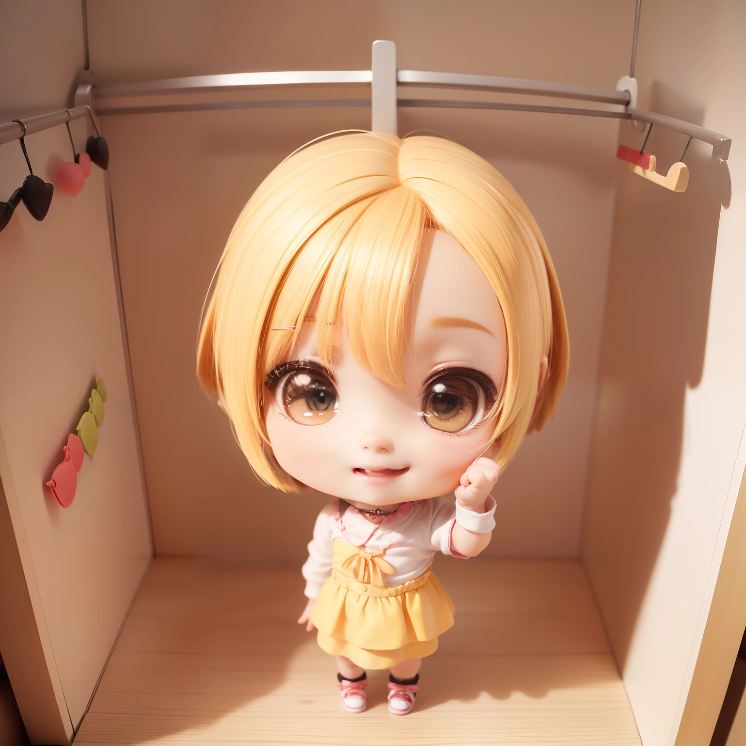 Cute  Chibi Anime、（((Chibi 3D）））（Best Quality），（masutepiece）、Chibi Walk-in Closet、fashion modell、Blonde bob hairstyle、Open your mouth and smile、a small face、Standing