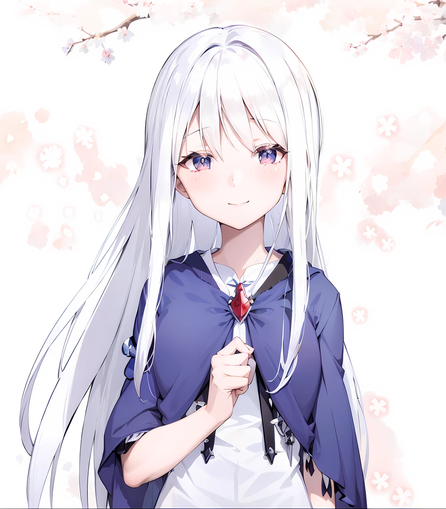 anime girl with long white hair and blue eyes holding a red tie, girl with white hair, smile, white haired deity, perfect white haired girl, white haired, anime visual of a cute girl, white-haired, shikamimi, white haired lady, young anime girl, silver hair girl, (anime girl), zerochan art, white-hair pretty face