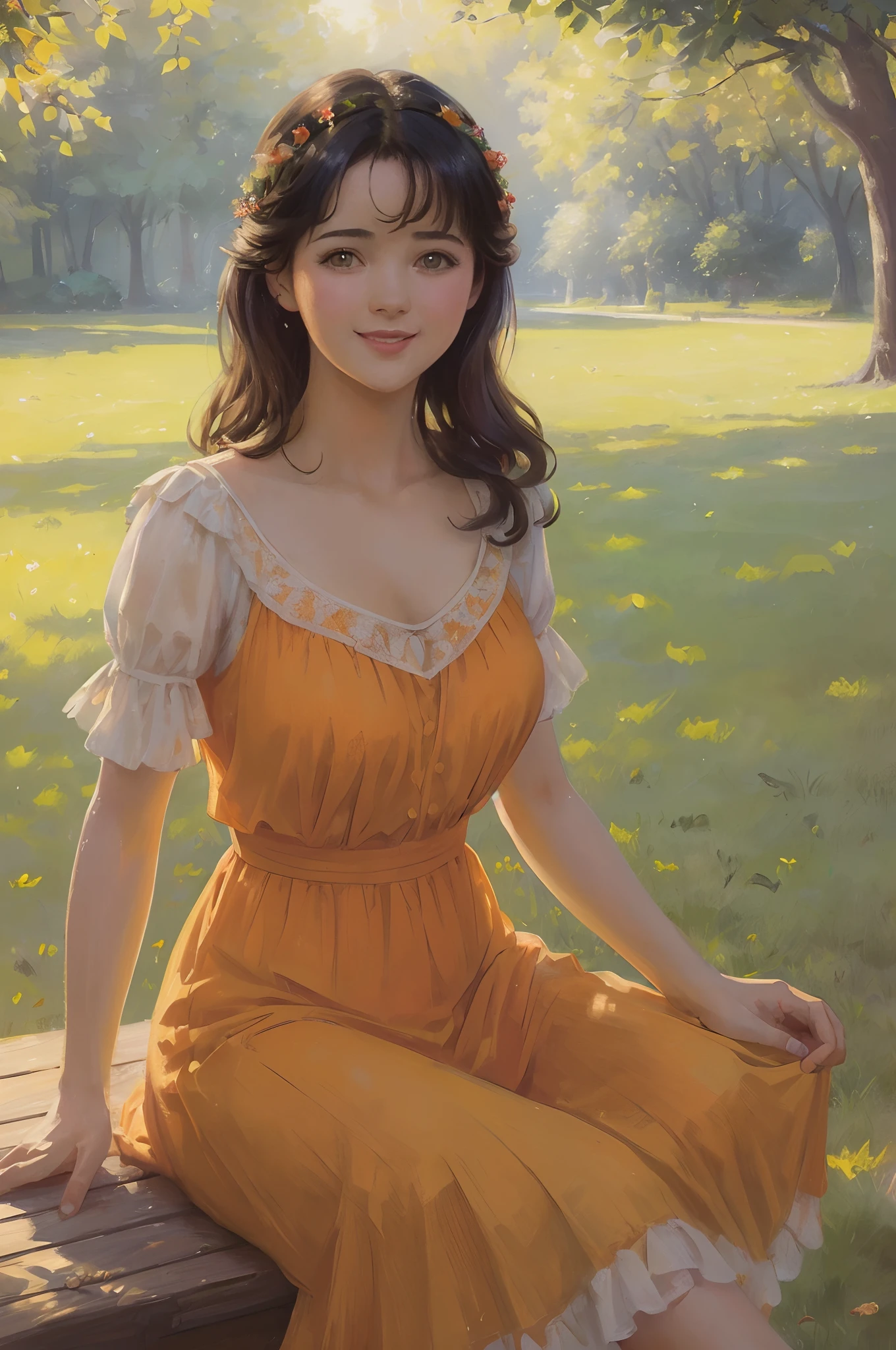 ((beste-Qualit, tmasterpiece)),((young Phoebe Cates)), summer light orange dress, 1913 year, romance, Emotional smile, in park, ((Стиль Daniel-F-Gerhartz)), (gradient light chigraine brush), Detailed Illustration, grotesque, Complicated details, chilling, (aesthetics), excitement, Hyper-realistic, insanely detailed
