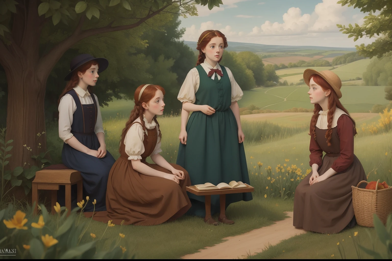 pre-raphaelite scene inspired by anne of green gables and diana