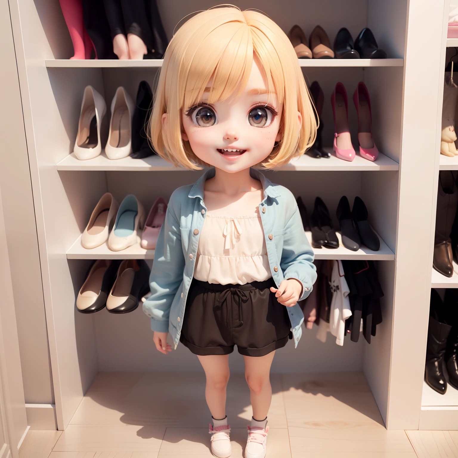 Cute Chibi Anime、(((Chibi 3D)))(Best Quality),(masutepiece)、Chibi Walk-in Closet、fashion modell、Blonde bob hairstyle、Open your mouth and smile、a small face、Standing