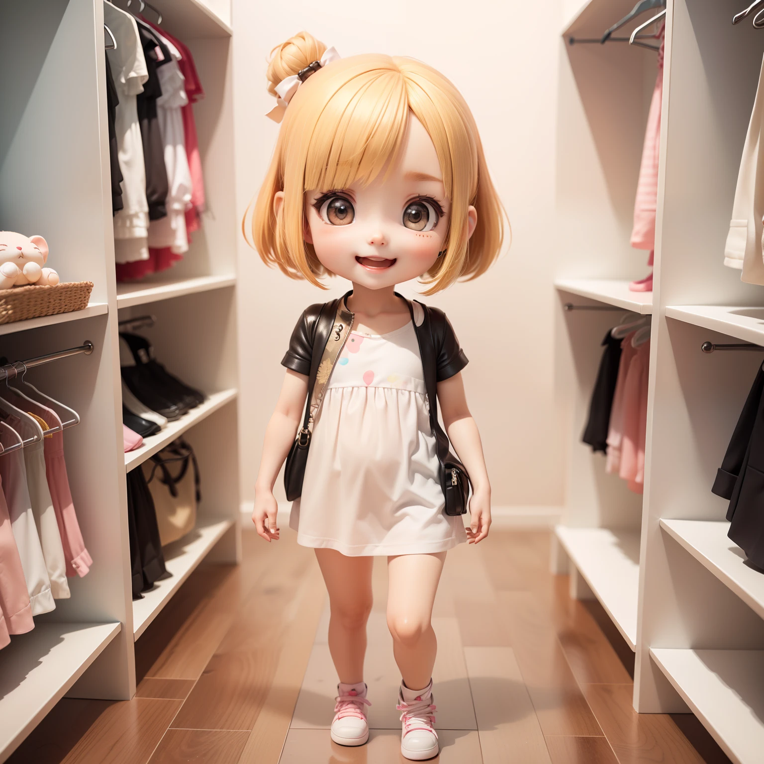 Cute Baby Chibi Anime、(((Chibi 3D)))(Best Quality),(masutepiece)、Chibi Walk-in Closet、fashion modell、Blonde bob hairstyle、Open your mouth and smile、a small face、Standing