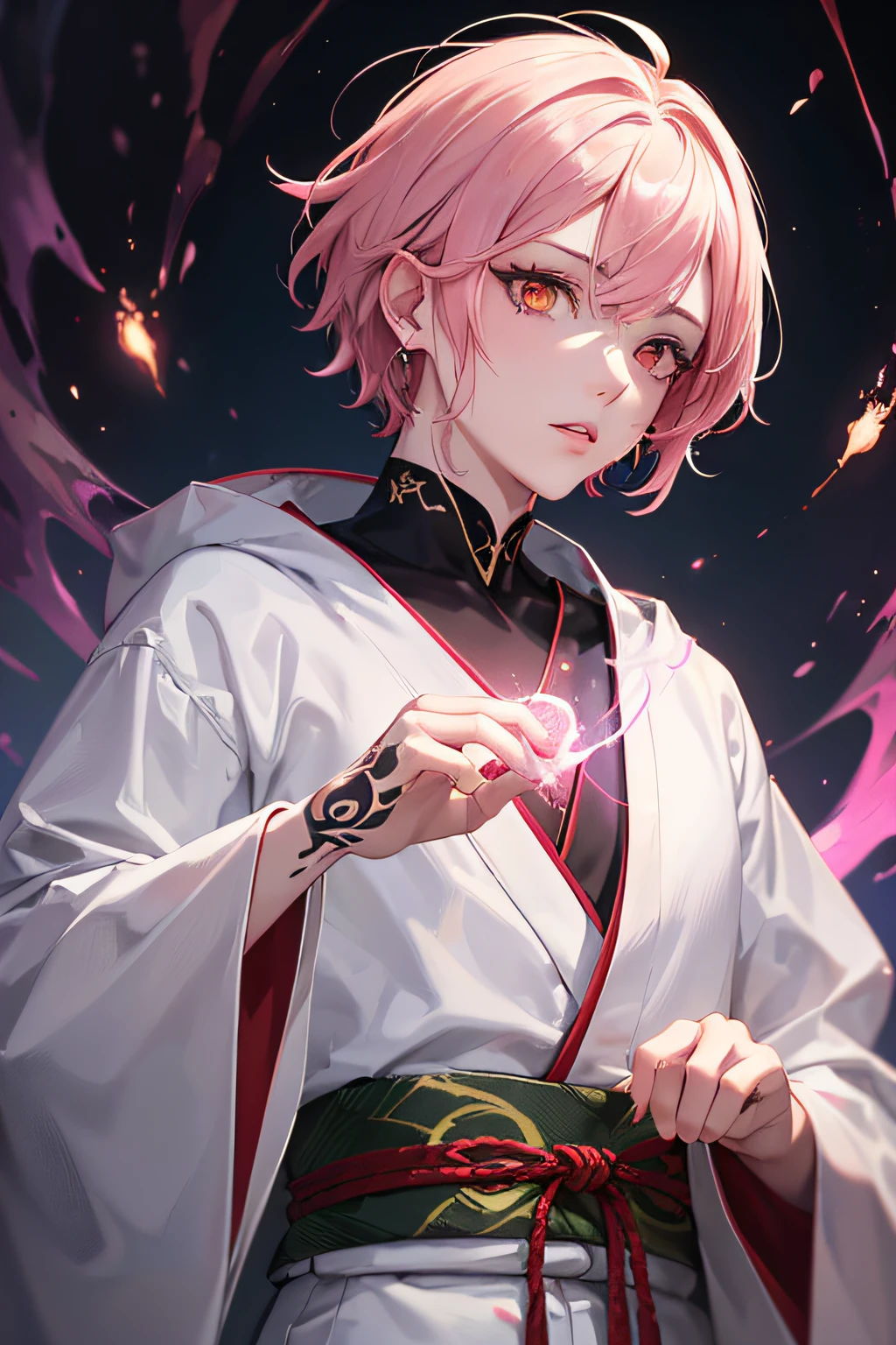 ember male people youth Very short short-haired Neckline trimming White kimono White Japanese Clothing((high detailing、Cinematic lighting))、Messy pink hair、Orange Eyes、Ray tracing、drop shadow、The upper part of the body、Looking at the camera、masutepiece、((Super Detail、Best Quality))、Jujutsu Kaisen、Double-sided lodging、Surgical unfolding、Unbeatable appearance、powerful being、mystic atmosphere、(Strange moonlight、ominous shadows、 Intense red aura、Symbol of the power that surrounds him、Radiating magical energy、Mystical artifacts、dynamicposes、Epic soundtrack、(((Detailed hand)))、lips are pink lipgloss Tattoo on the face