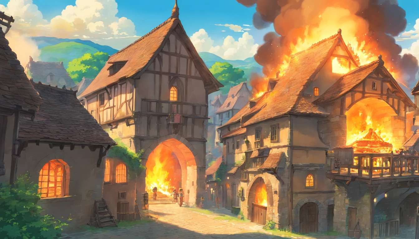 a medieval village, on fire, ruins