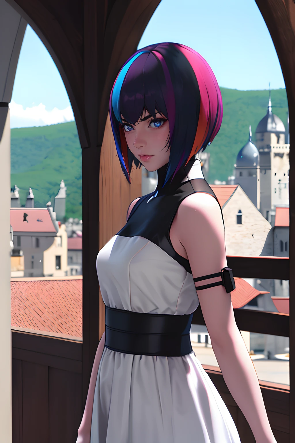 absurderes, top-quality, 1girl in, 独奏, looking at the viewers, eyes focus, motoko_kusanagi, multicolored hair, White Collar Dresses, Inside a gorgeous medieval castle