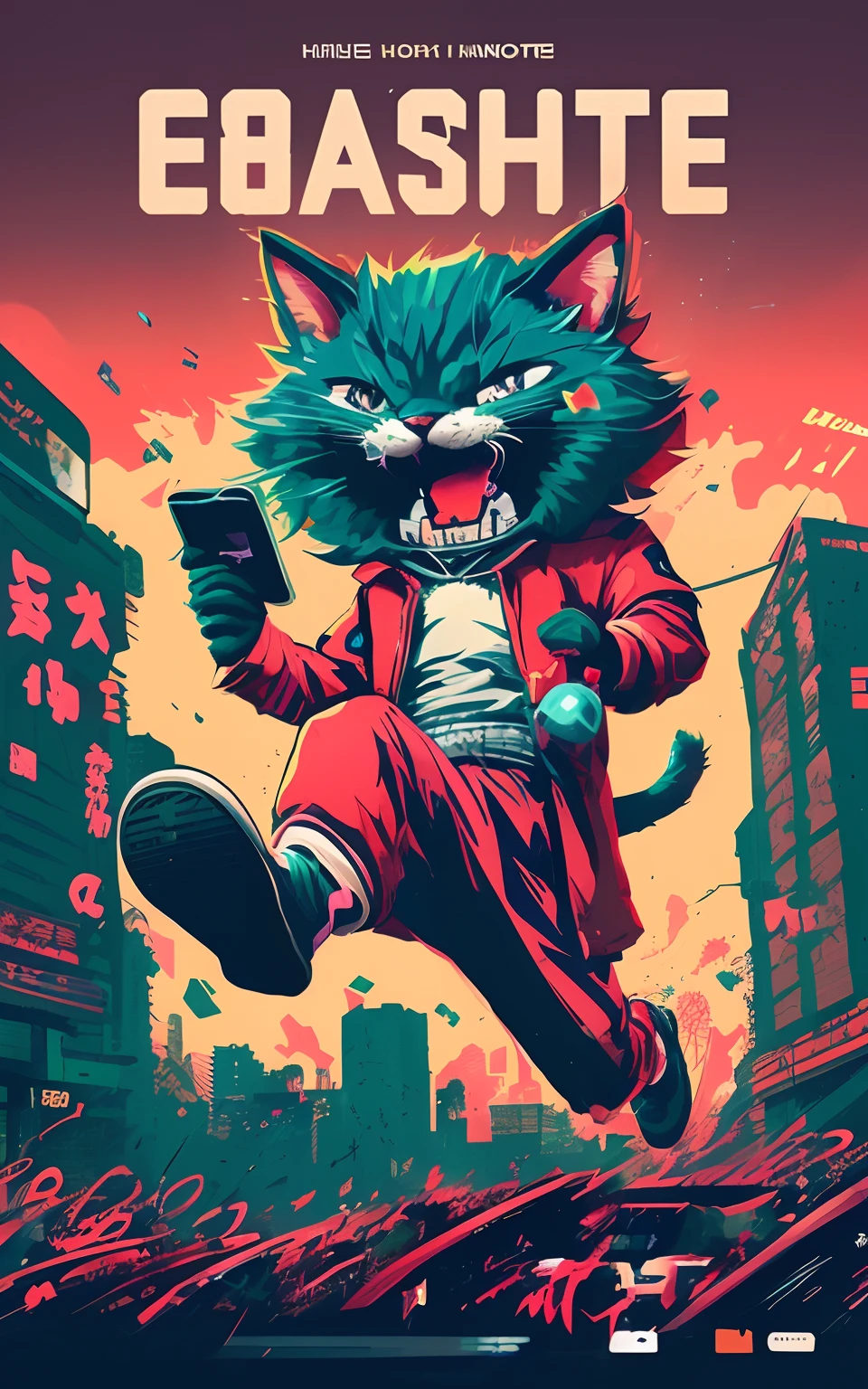poster of a cat running in the city with a cell phone, cat attacking tokyo, from hotline miami, hotline miami, furry digital art, inspired by Liam Wong, cyberpunk cat, by Liam Wong, in the art style of dan mumford, cybercat, cyril rolando and goro fujita, catman, high quality picture, in style of cyril rolando
