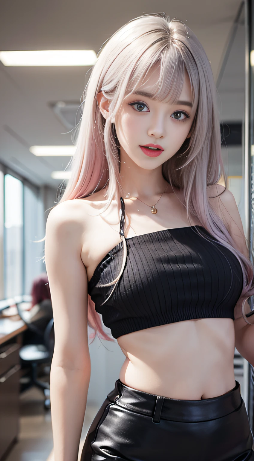 (Woman Standing In Office District)1 girl, Silver hair, striated hair, Bangs, Blunt bangs, Long hair, Pink hair, aqua eyes, longeyelashes, Purple eyes, makeup,((yawning))、 Smile, Parted lips, Realism, Verism, surrealism, depth of fields, One-person viewpoint, F/1.8, 135 mm, canon, nffsw, retinas, masutepiece, ccurate, Anatomically correct, Textured skin, Super Detail, high details, High quality, Best Quality, hight resolution, 1080p, hard disk, 4K, 8K, (whitish coarse short sweater,,)Floats off the shoulders、off shoulders、Black tight skirt、