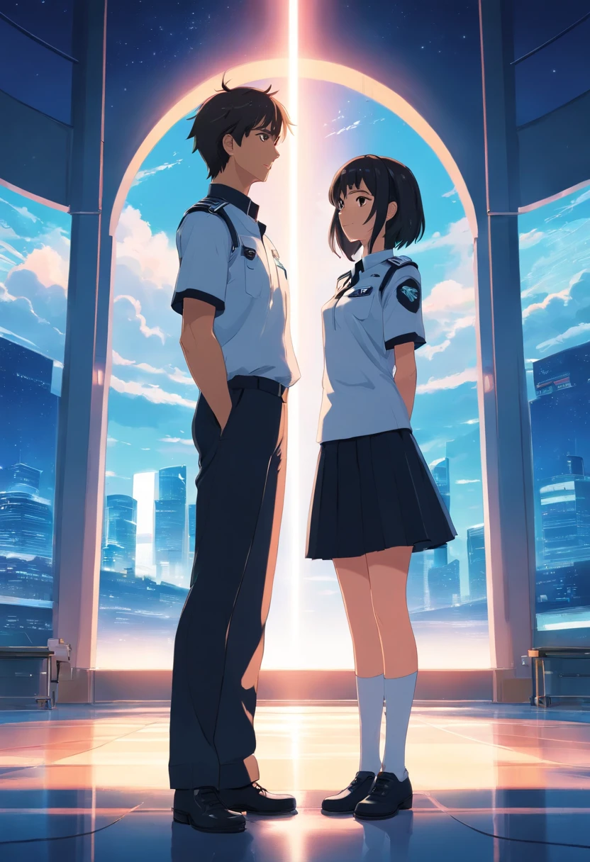 Couple standing together wearing white and black uniform