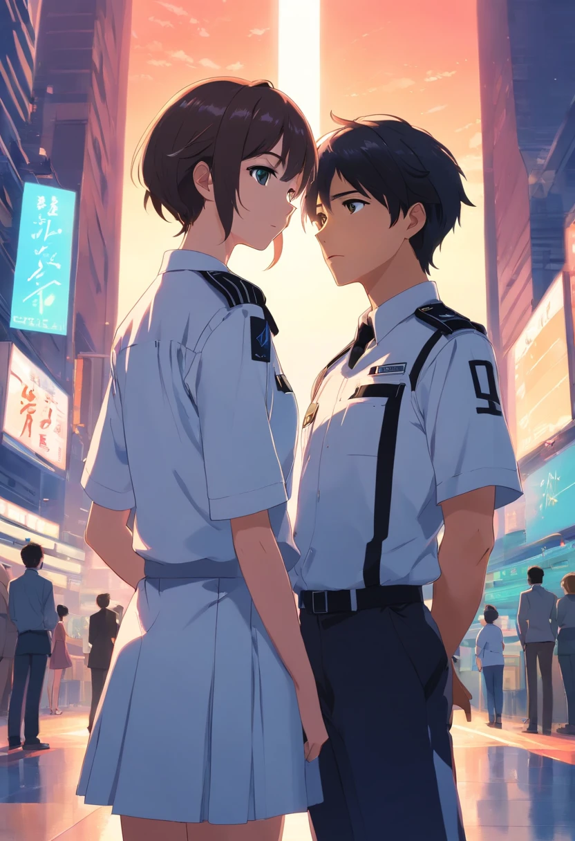 Couple standing together wearing white and black uniform