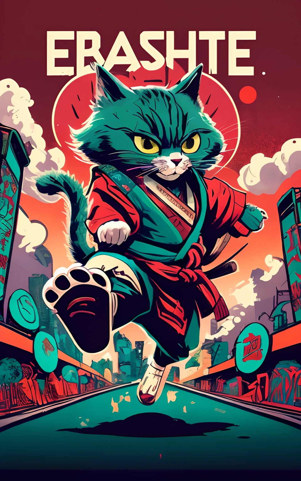 a close up of a cat on a skateboard in a city, samurai cat, anthropomorphic cat ninja, ninja cat, inspired by Miao Fu, cat attacking tokyo, inspired by Liam Wong, jen bartel, cat warrior, cat the assassin, inspired by Utagawa Kunimasa, in the art style of dan mumford