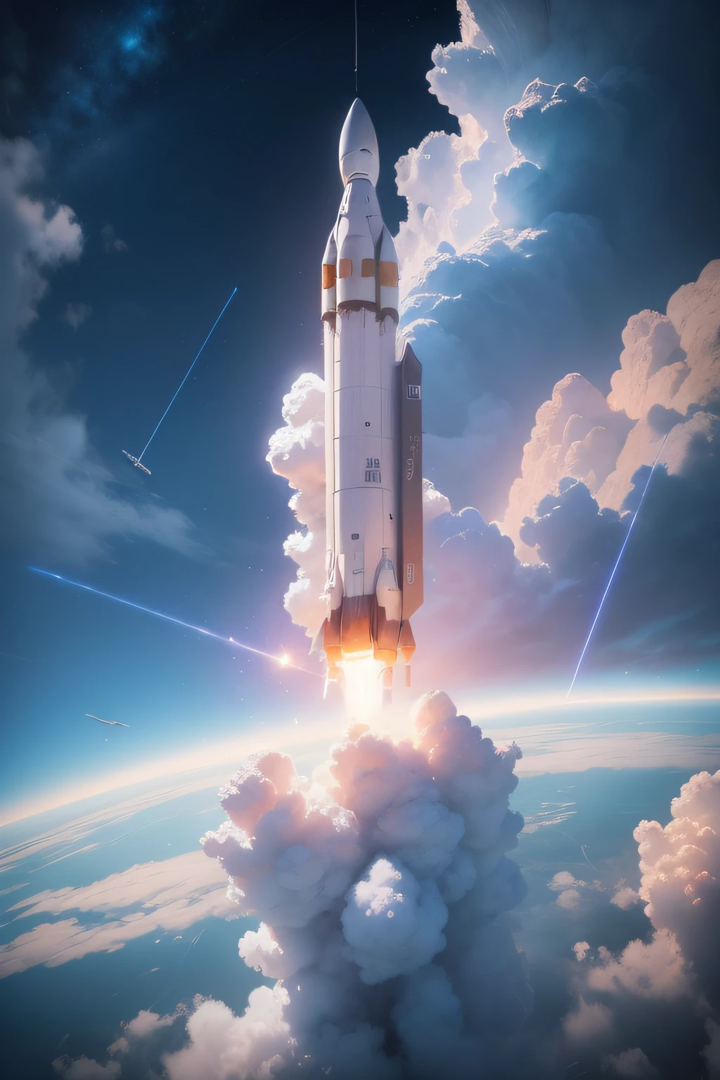A rocket penetrates through clouds in a bright daytime sky and takes off into space 8K high-level image quality highly accurate Blue Fantasy Art