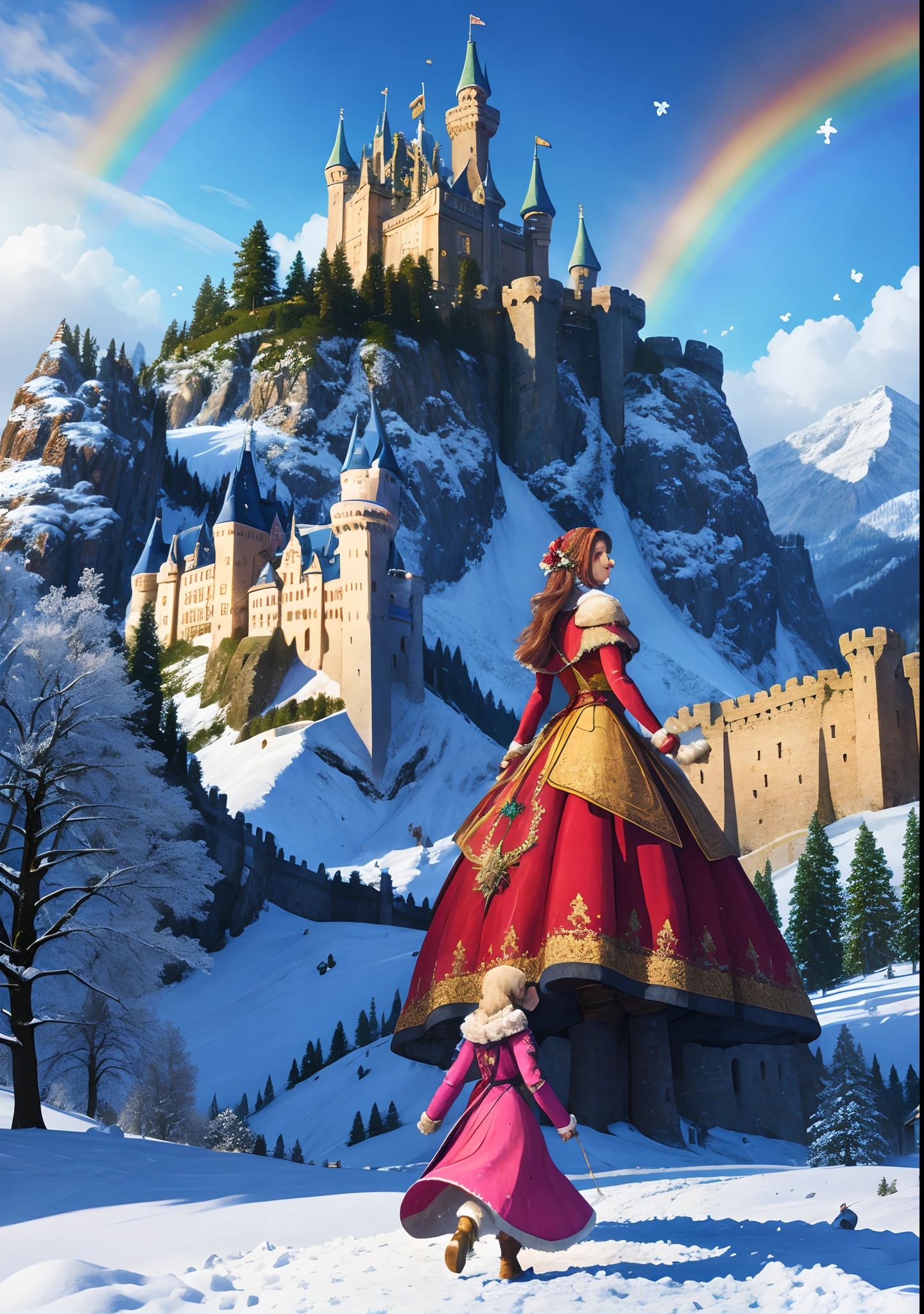 Realistic, A beautiful young girl walks out of the castle, ( castle in background ),rainbow,fractal art,snow