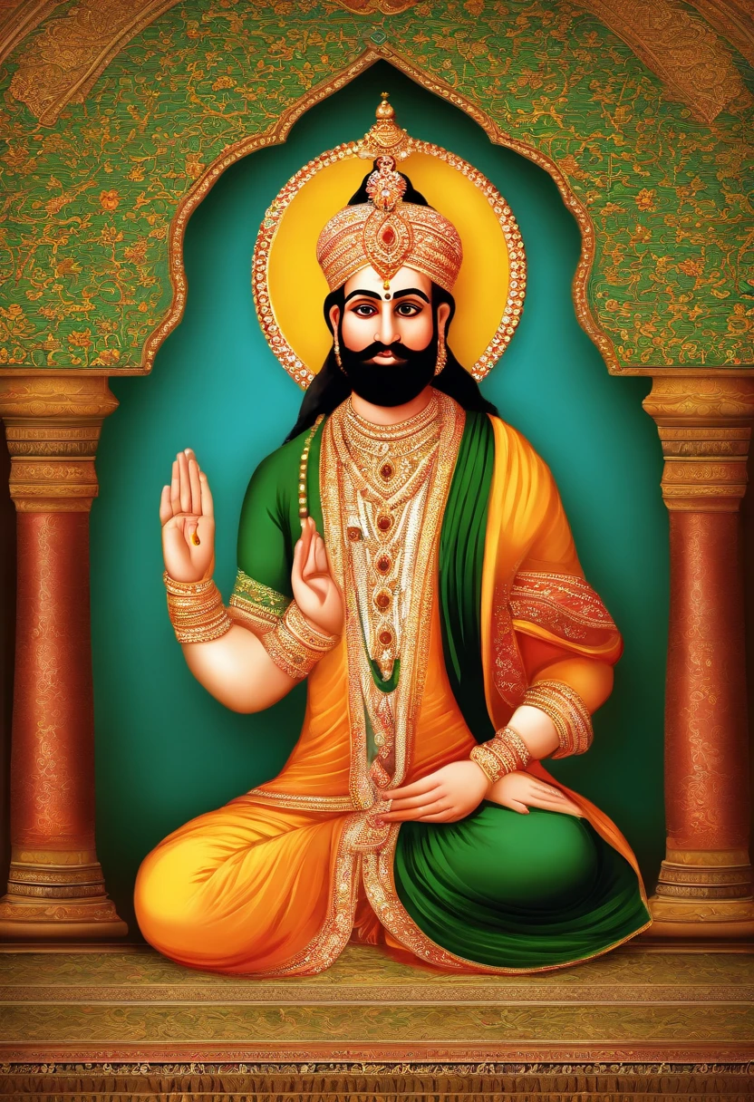 An indian mughal king of moderate stature, perhaps five foot seven inches in height, strongly built, neither too slight nor too stout, broad-chested, narrow-waisted, and long-armed, Light particles, with light glowing, Mshiff, wallpaper art, UHD wallpaper