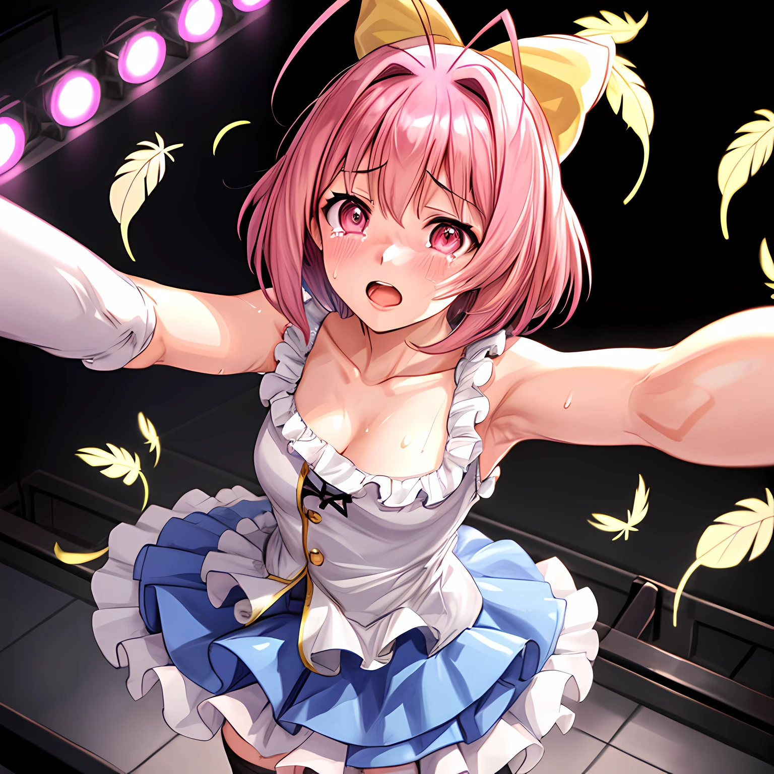 hightquality,top-quality,​masterpiece,ccurate,anatomically correct, absurderes, Nakagawa Kanon,idol,1girl,B86,W56,H85,robe blanche,sings,Fluttering white feathers,brilliance,on a stage,Be confident,From  above,hmkanon, short hair, antenna hair, hair bow, pink eyes,sweat, open mouth, tears, tongue out,bare shoulders, sleeveless, thighhighs,smooth, btbs, idol stage,cognitive resonance,sharp focus,Right fingertips,selfie