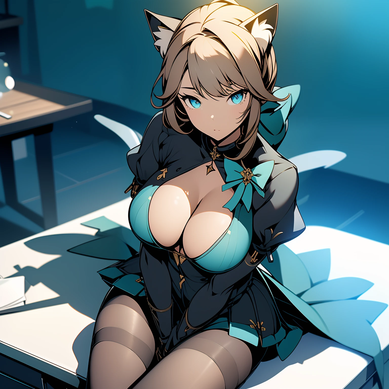 (masterpiece),( lynette from "Genshin_Impact" ) best quality, expressive eyes, perfect face, ( 1girl, solo ), ((catgirl))
big breast, H-cup, good breast, beautiful, gorgeous ,large breast, sitting on a desk, uplight, medium shot, indoors, magician office, cleavage, white sleeves, Turquoise bow, black school skirt, bow, feminine, blushing