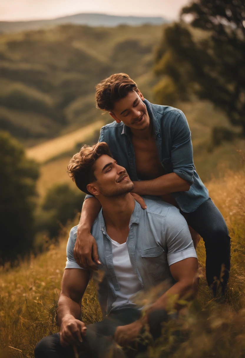 Two naked boys kissing， lying down in the park, Raised sexy