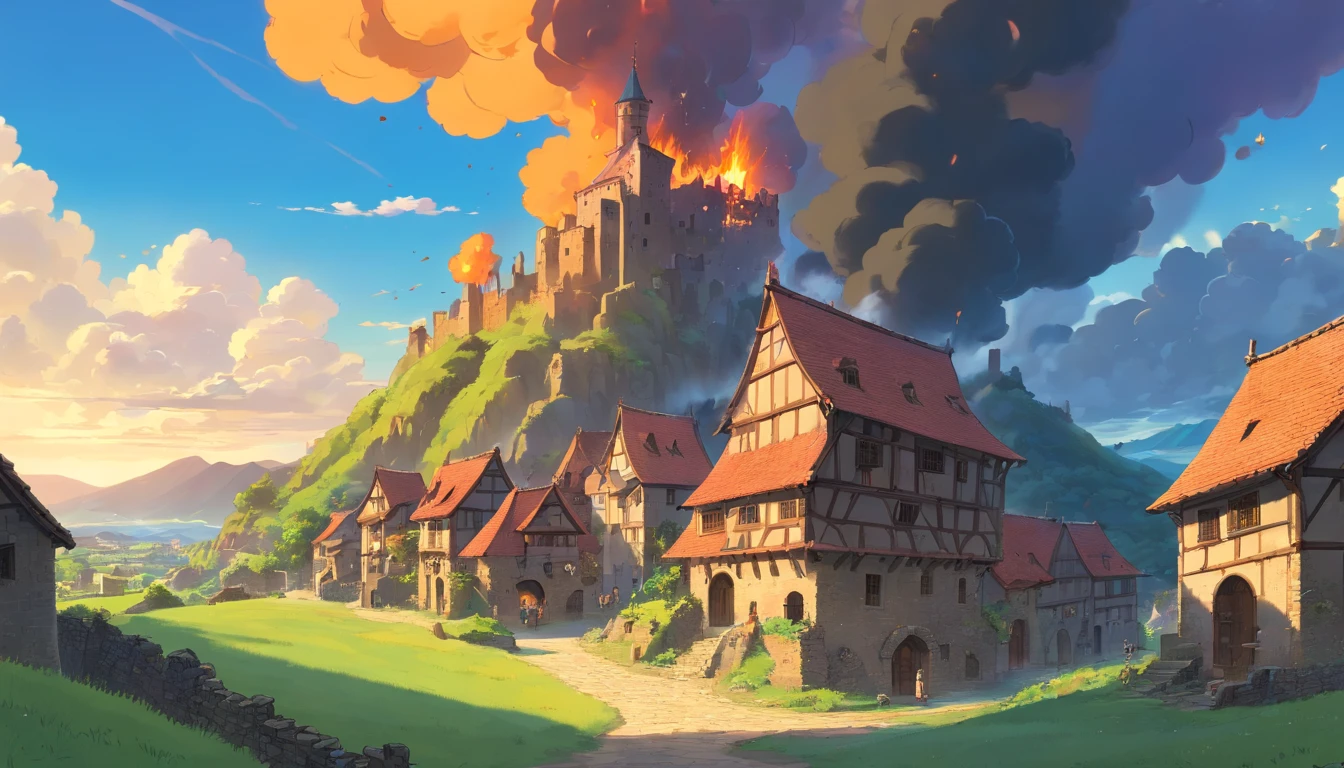 a medieval village, ruins, fire, storm