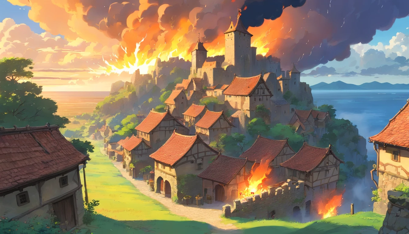 a medieval village, ruins, fire, storm