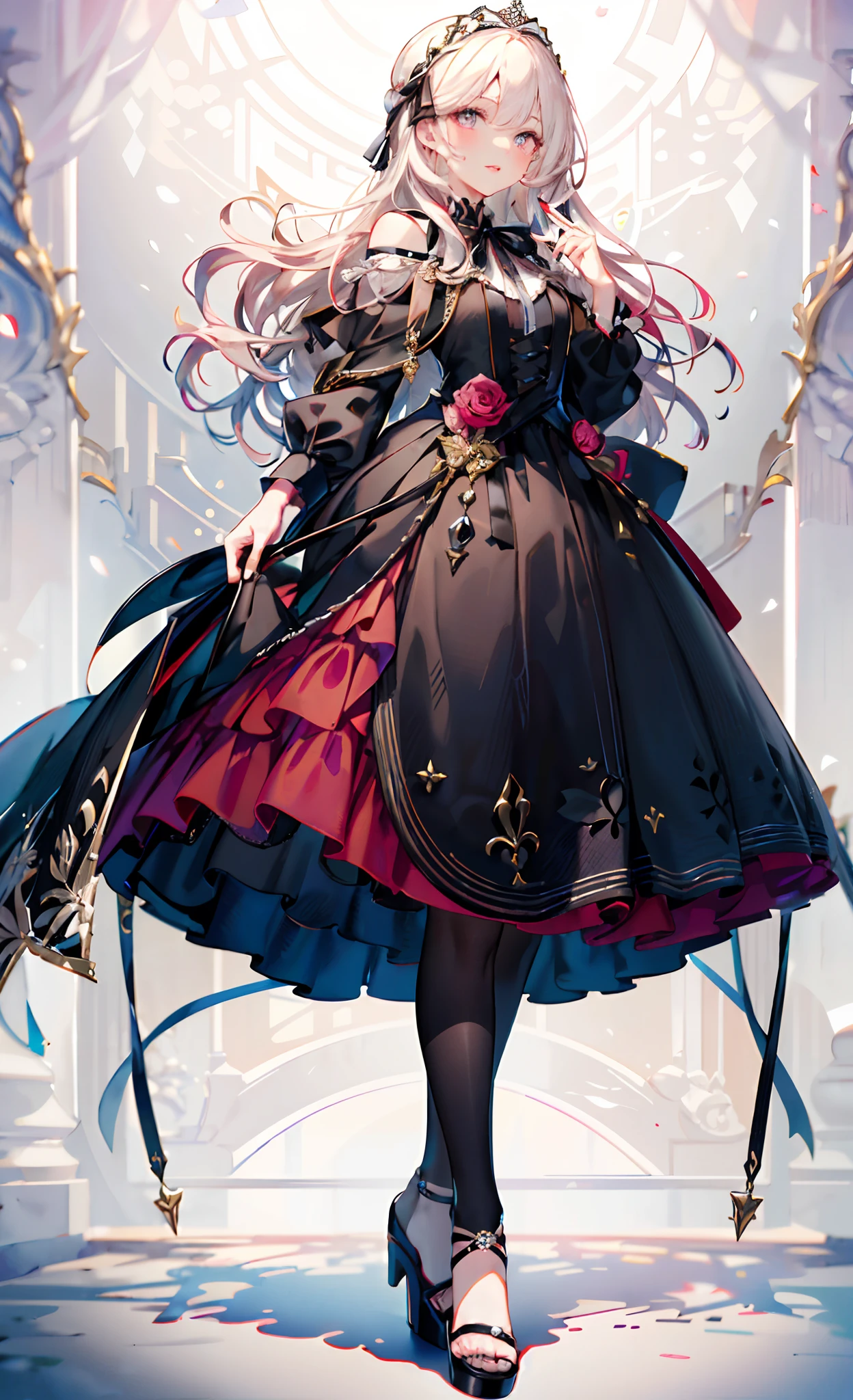 (Complete head:1.9),meticulous portrayal of face,1 noblewoman,a matural female,Black dress long dress,(black lence stockings+),High-heeled ribbon sandals,(Black stocking feet),Pink White Long Hair,Prom background, Perfect body, s the perfect face, perfect hand, Perfect Finger, Perfect lips, perfect eyes, Perfect background