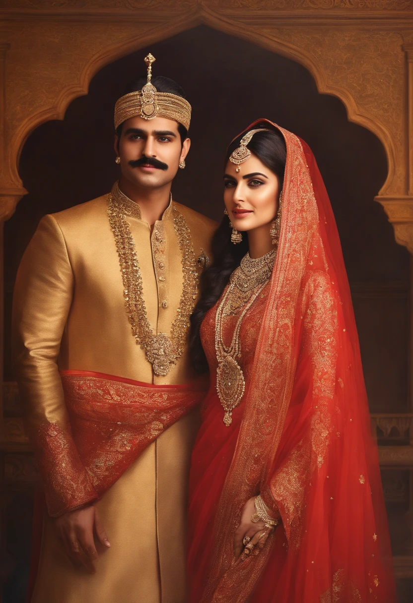 (aesthetic,artful,beautiful,mesmerizing,vibrant),(romantic,emotional,majestic,impressive,stunning:1.1),(epic),(intense:1.1),(detailed,breathtaking,exquisite:1.1) portrait,(traditional,classical),(rich,ornate,opulent,elaborate),(historical:1.1) Mughal king,(regal,elegant,noble:1.1),(powerful,strong:1.1),(composed,dignified),(confident,authoritative),(medium),(oil painting),(colorful,vivid),(golden:dusk:0.9),(luxurious),(jewelry,precious stones:0.9),(imperial robe,royal garb:0.9),(finely embroidered,embellished),(throneroom,palace:1.1),(commanding presence:1.2),(exquisite mustache:1.1),(aging gracefully,wise:1.1),(piercing eyes,penetrating gaze:1.1),(long flowing hair:1.1),(intricate patterns,floral motifs:1.1)