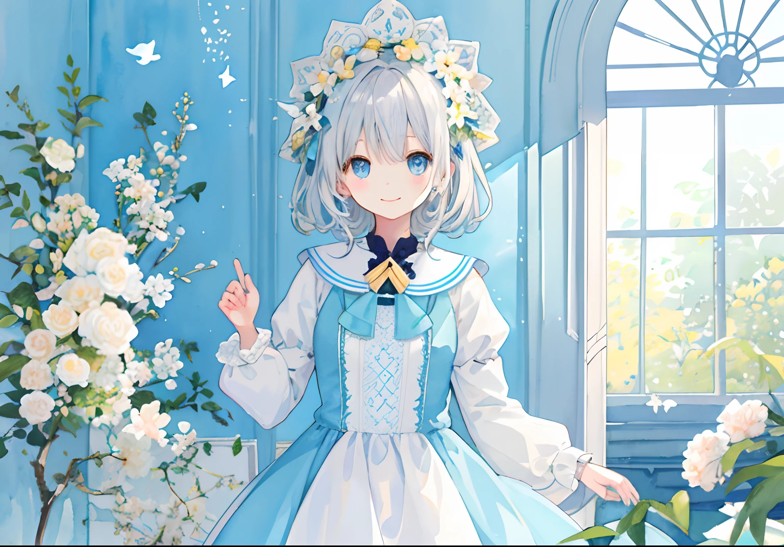 PastelColors:1.5)、(Cute illustration:1.5)、(watercolor paiting:1.2)、Light blue background、girl with、full body Esbian、A smile、Stranger、Pale yellow all over、Moya、marble、window、the reef、Little light around、Particles of light、Medium Hair, Grey Hair, Yellow eyes, Hoodie, A slight smil, pale skin, Indoors, Library, Looking at Viewer, thick outline, black outlines, --niji 5 --style cute --ar 1:1 --s 500、((​masterpiece、top-quality)),1girl in, 独奏, contemportry、One braid、gorgeous hair decoration、A slight smil、Party Venue、Dress up、Dresses with slits、light blue  eyes、A smile、细致背景、beautiful smiling face、Beautiful fece、florals