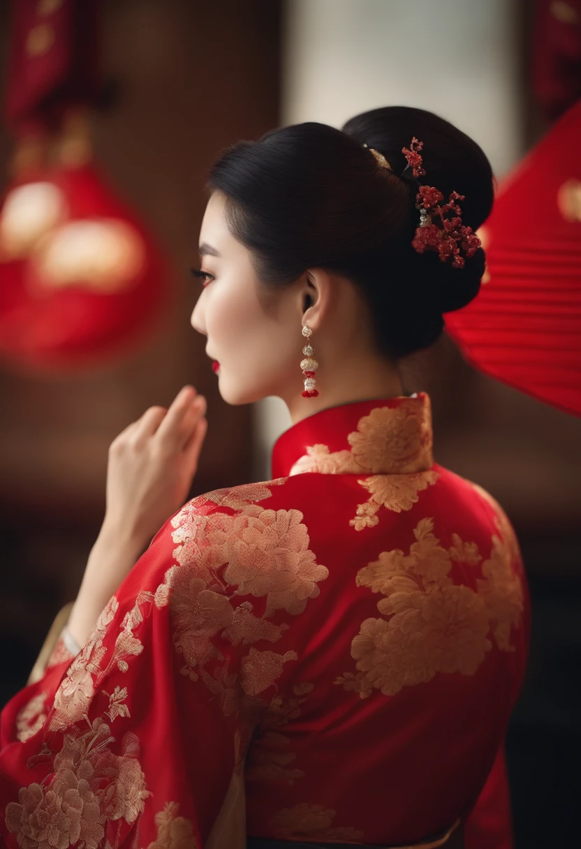 Chinese beauty wearing cheongsam watching Japan raise the national flag