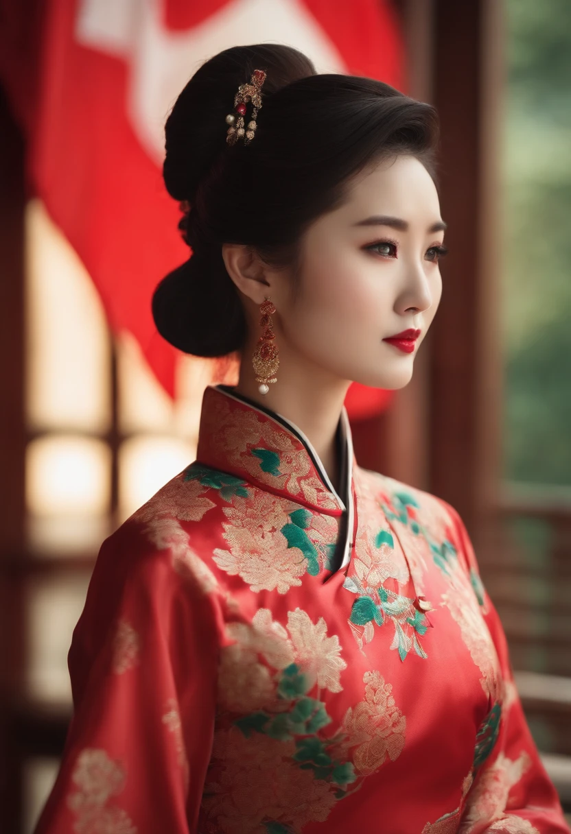 Chinese beauty wearing cheongsam watching Japan raise the national flag