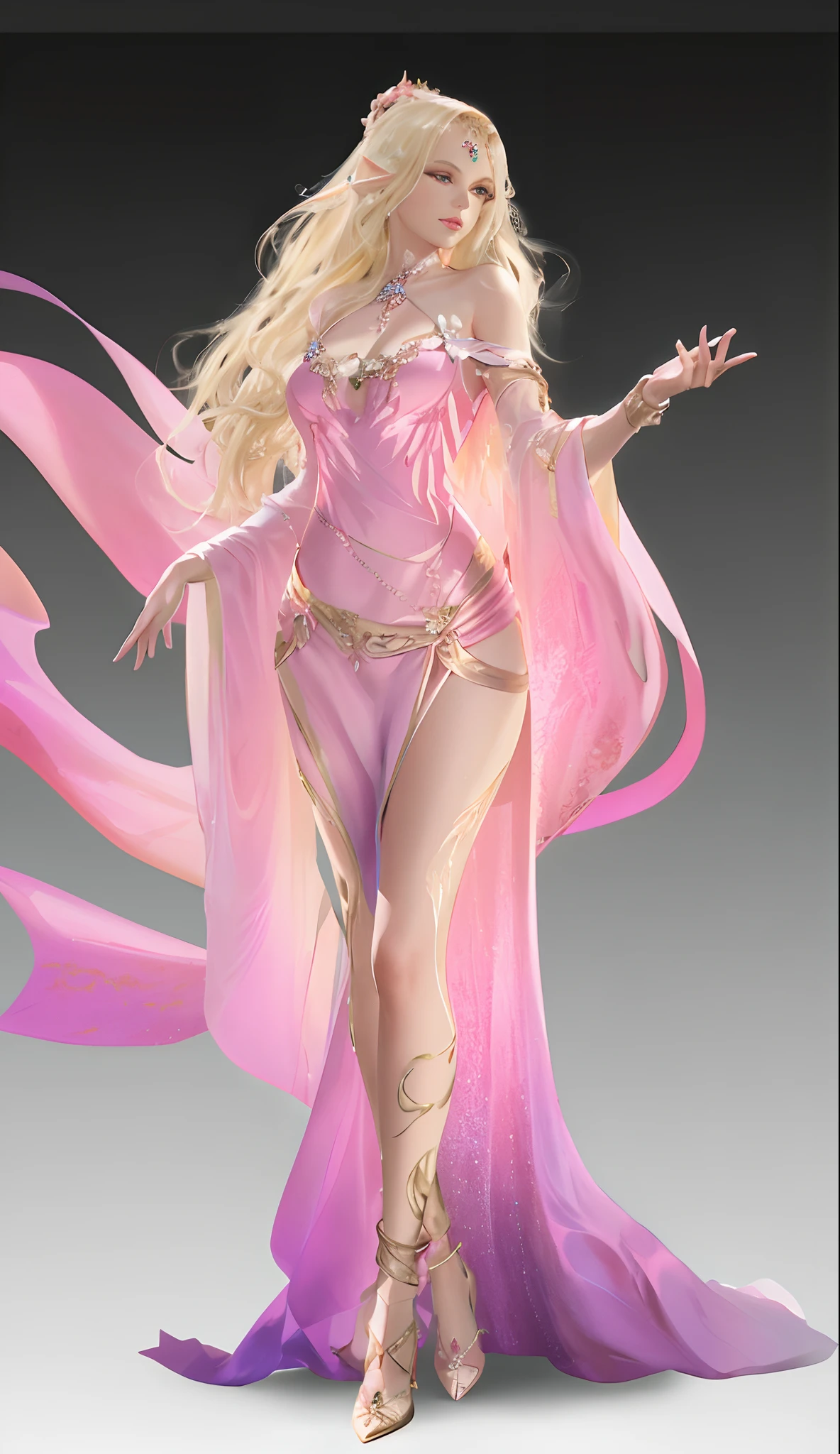 Close-up of a woman in a pink dress and a flowing long dress, beautiful and elegant elf queen, 3 D rendering character art 8 K, hyper-detailed fantasy character, fantasyoutfit, beautiful and elegant female elf, alluring elf princess knight, Fantasy Woman, fantasy character, stuning fantasy 3 d render, flowing magical flesh robe, beautiful fantasy maiden