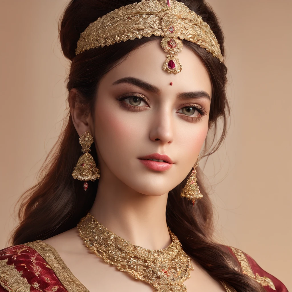 An indian mughal king of moderate stature,strongly built, neither too slight nor too stout,broad-chested,narrow-waisted,and long-armed,illustration,prominent gold and jewel embellishments, ornate crown, luxurious velvet robe, richly embroidered, intricate patterns, vibrant colors (best quality,4k,8k,highres,masterpiece:1.2),ultra-detailed,(realistic,photorealistic,photo-realistic:1.37),portraits,vivid color palette, warm tones,soft, diffused lighting.
